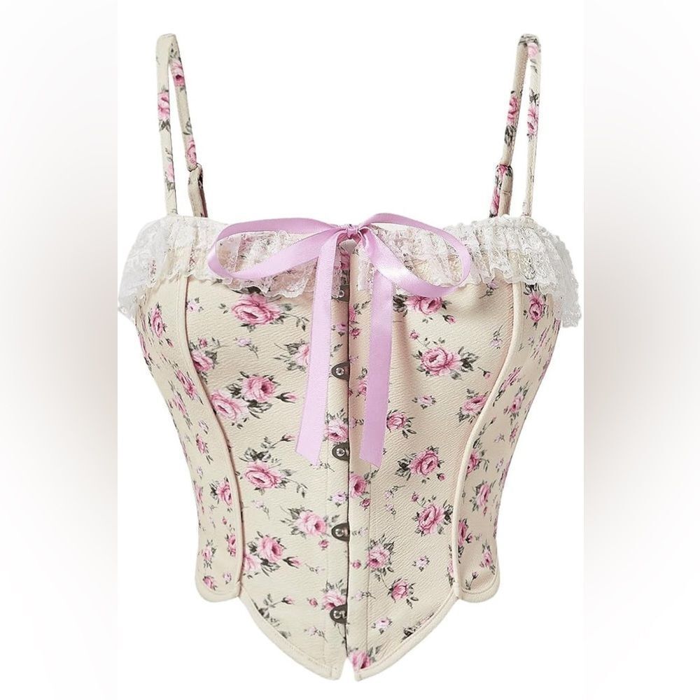 Amazon Floral Lace Trim Corset - Cream and Pink